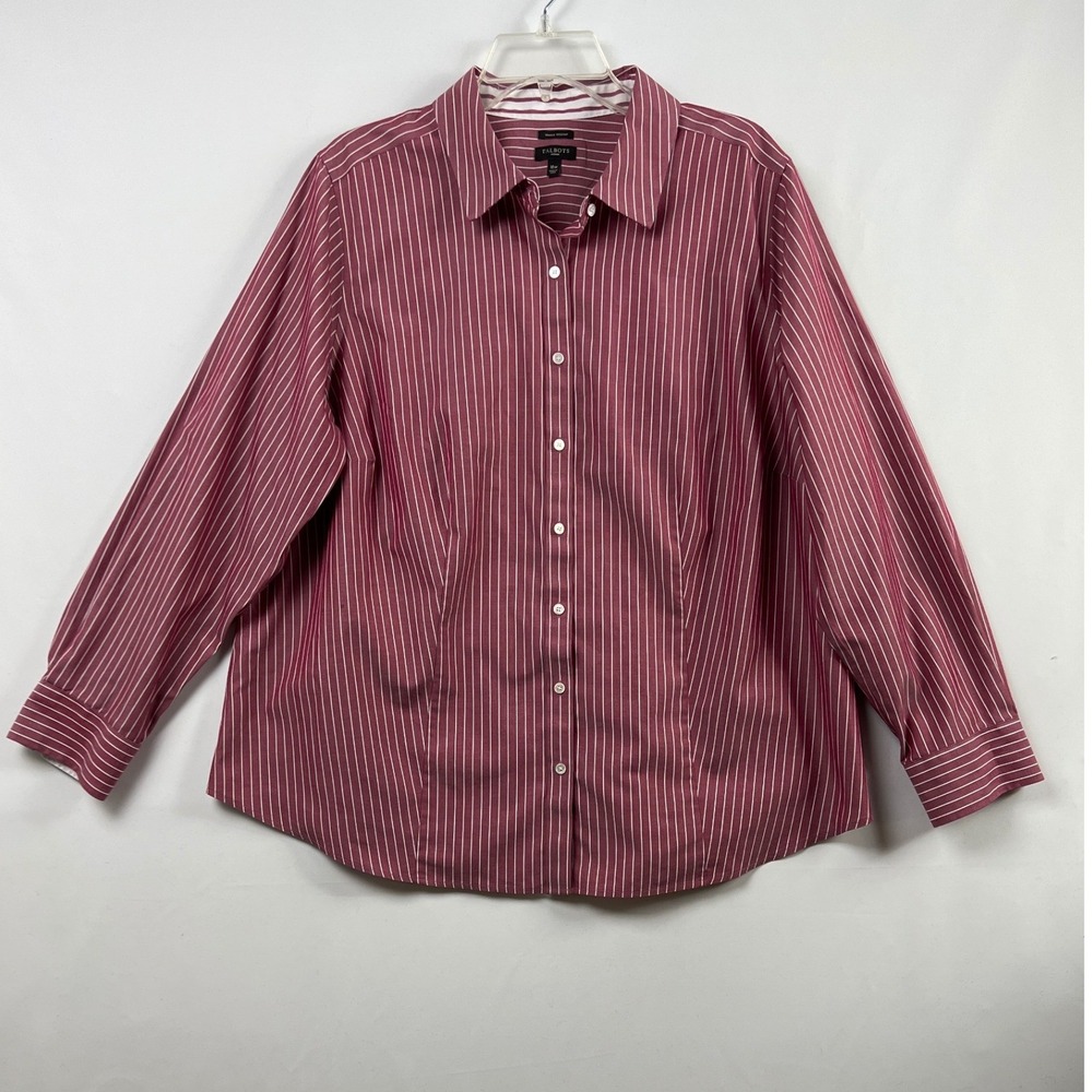 Talbots Button Down Shirt Women 16W Maroon Striped Wrinkle Resistant Cotton